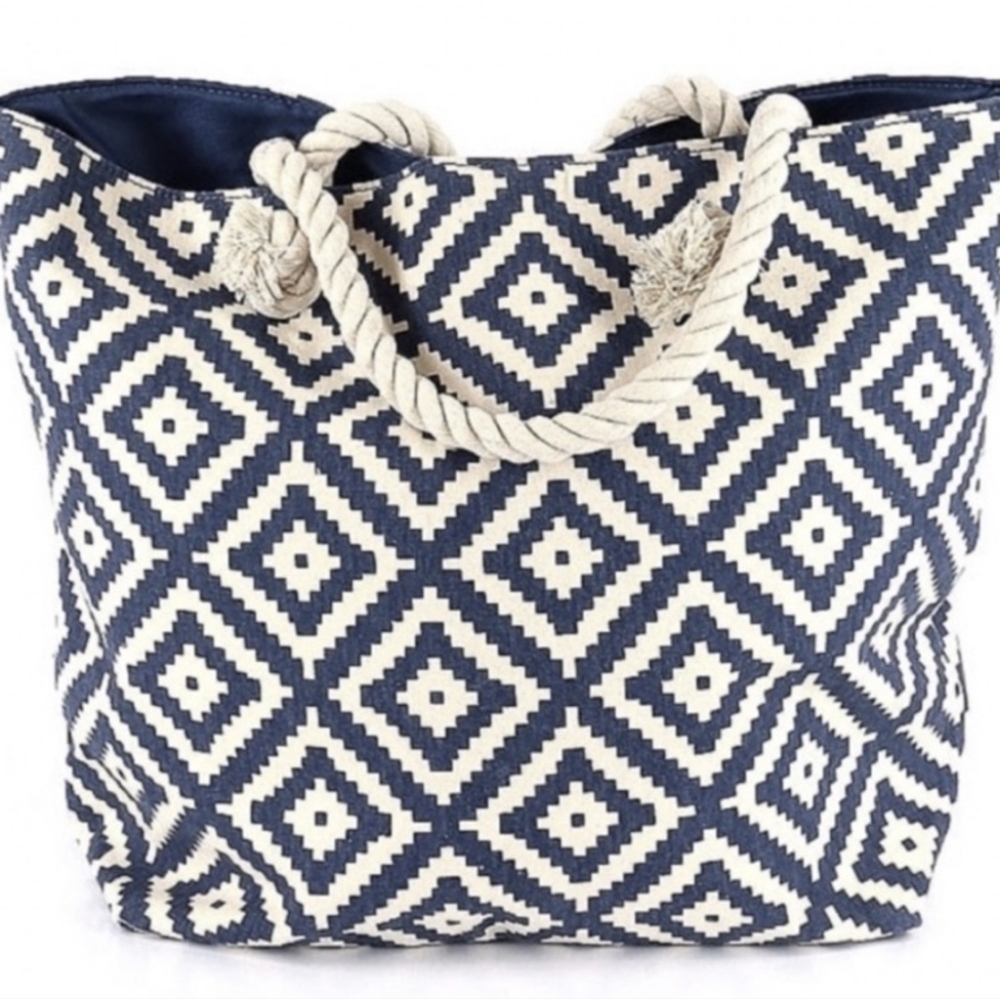 Summer & Rose Navy and Cream Geometric Rope-Handle Tote Bag